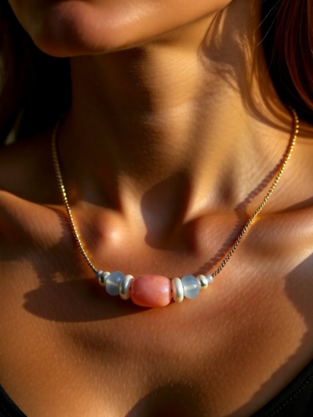Feminine Dainty Girlie! Beautiful Bead Mix on Delicate Chain 16"! Peach + Pearls